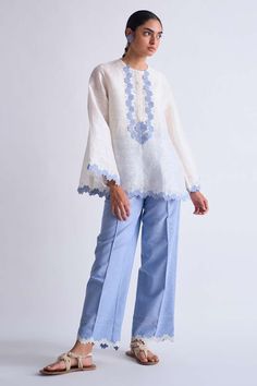 Buy Ikai Soft Ivory LINEN Tops Hijab Styles For Party, Appliqué Work, A Line Shirt, Kurti Embroidery, Line Silhouette, Linen Tops, Embroidery On Kurtis, Kurti Embroidery Design, Hijab Styles