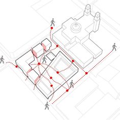 the diagram shows people walking around an area with red dots on it and two buildings in the background