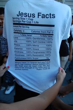 the label for jesus's cup is shown on a t - shirt that reads, serving size 1 cup