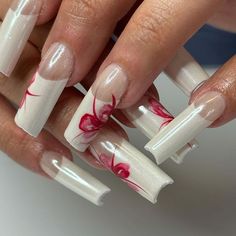 French Tip Long Nails, Red Flower Nails, Retro Nails, French Nail, Pretty Gel Nails, Dream Nails