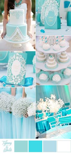 blue and white wedding color palettes for the bride's cake, cupcakes, and dessert table