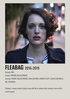 a woman with curly hair standing in front of a poster for fleabag 2016 - 2019