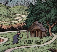 the old witch lives here in this book cover illustration from an early 1900's children's book