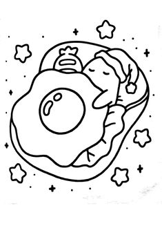 a black and white drawing of an egg on a donut with stars around it