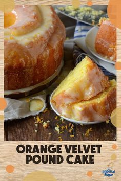 an orange velvet pound cake on a wooden table