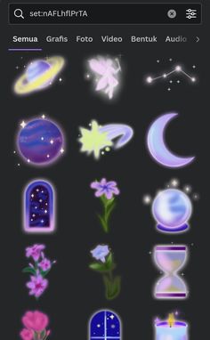 an iphone screen showing the icons for different things in the night sky, including stars and moon