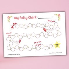 a printable potty chart is shown on a pink background with flowers and stars