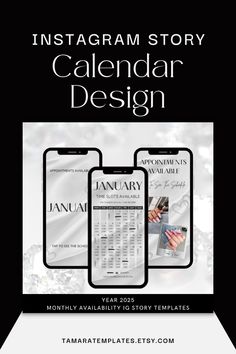 the instagramm story calendar design is shown in black and white, with an image of