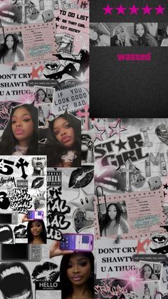 a collage of photos with pink and black stars on the top, two women's faces