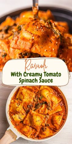 a close up of food in a pan on a table with the title raw with creamy tomato spinach sauce