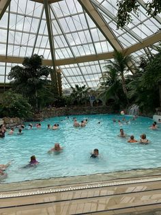 many people are swimming in a large pool inside a glass walled building with high ceilings