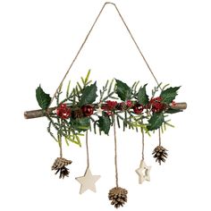 a christmas decoration hanging from a rope with pine cones, holly and star decorations on it