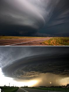 two pictures one showing an approaching storm and the other with dark clouds