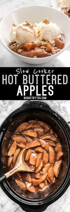 an image of hot buttered apples in a crock pot with text overlay