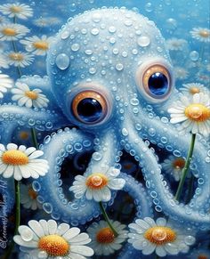 an octopus is surrounded by daisies in the water with bubbles on its face and eyes