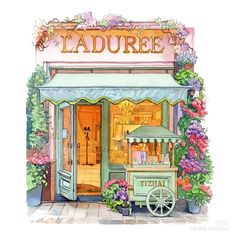 a drawing of a store front with flowers around it