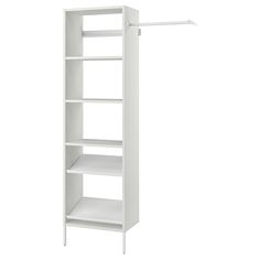 a white shelf with three shelves on one side and two hanging bars on the other