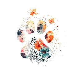 watercolor flowers and leaves are arranged in the shape of a handprinted paw