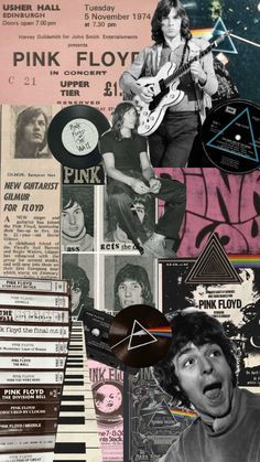 collage of pink floyd's album covers and music memorabilia, including an electric guitar