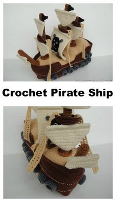 crochet pirate ship is shown in two different views