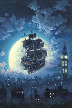 a painting of a ship floating in the air with a clock tower in the background