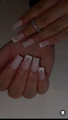 Nail Inspo 13-14, Cute White Birthday Nails, Nails For First Communion, White Square Nails With Glitter, Debutante Nails, Nails For 14y Old, Nails For 15 Birthday, Birthday Glitter Nails, 14th Birthday Nails