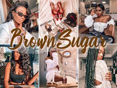 brown sugar collage with images of women in white top and black pants, one woman wearing