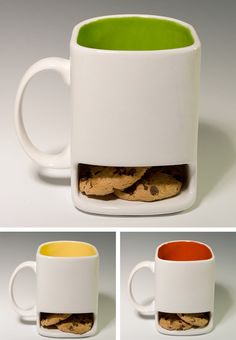 there are three different mugs with cookies in them