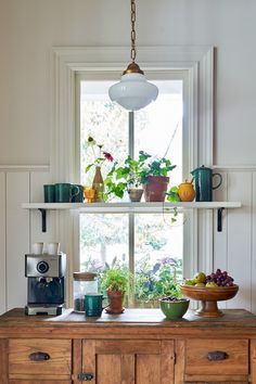 a kitchen window with potted plants and fruit on the counter