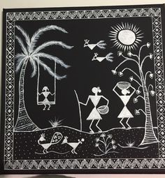 a black and white drawing of people dancing in the night with palm trees behind them