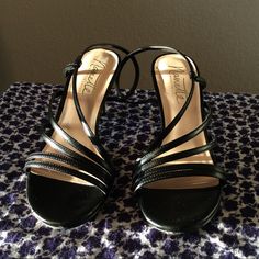 Strappy Sling Back Stiletto Heels In Women’s Size 7, Lightly Worn, In Good Condition. Tag Still On Bottom Of Shoe From Nordstrom Rack For $69. Has Some Scuffs On The Front Toes Sides Of Shoes, Underneath Shoes A Bit Dirty By The Toes And Sticker Tag. Nice Gold Tone Logo Underneath. Otherwise All Clean And Nice, Elastic Slip-On Back Sling Straps Good. 3.25” Height Of High Heel. All Man Made Materials. Nonsmoking Home. Nice For Spring, Summer, Office, Dinners Out On The Town! Spring Evening Heels With Straps, Black Strappy Slingback Pumps With Heel Strap, Black Slingback Pumps With Straps For Evening, Black Open Heel Kitten Heels For Party, Medium Width High Heel Slingback Pumps For Party, Black Strappy Slingback Pumps For Party, High Heel Synthetic Strappy Heels, Synthetic High Heel Sandals With Straps, High Heel Synthetic Heels With Straps