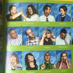 an open book with pictures of people making funny faces