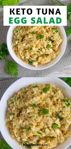 two bowls filled with egg salad on top of a table