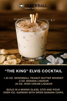 the king elvis cocktail is served in a tall glass with whipped cream and cinnamon sticks