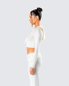 Say hello to your new fav essential 🤍 This white knit cropped jacket featuring a zip front, a rib hem, and extended long sleeves is perfect for keeping you hawt all day and night 😏 Fitted White Cropped Sweater With Ribbed Cuffs, Spring Cropped Jacket With Ribbed Cuffs, Trendy White Ribbed Outerwear, White Cropped Sweater With Ribbed Collar, White Cropped Long Sleeve Sweater With Ribbed Collar, White Long Sleeve Cropped Sweater With Ribbed Collar, White Cropped Sweater With Ribbed Collar And Long Sleeves, White Cropped Jacket For Winter, White Cropped Outerwear For Winter