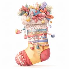 a christmas stocking with colorful decorations and bows on it's top, hanging from the side