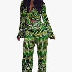 Nwot Green 2 Pc Pattern Outfit Green Fitted Sets For Vacation, Green Two-piece Set For Night Out, 2 Piece Jean Outfit, White Denim Romper, Crop Top Pants Set, Jean Outfit, Pattern Outfits, Blue Jean Outfits, Drawstring Waist Pants