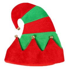 a red and green elf hat with bells