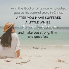 a woman sitting on top of a beach next to the ocean with a bible verse