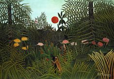 an image of a jungle scene with plants and flowers in the foreground, red ball in the background