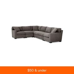 a gray sectional couch with pillows on the back and an orange border around it that says, $ 350 & under