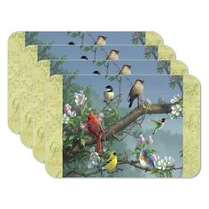 four coasters with birds sitting on top of them