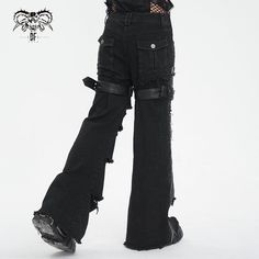 Introducing our Men's Punk Unedged Faux Leather Splice Flared Pants, a daring and stylish addition to your punk wardrobe. These pants are meticulously designed to embody the essence of punk fashion with their unique features and edgy detailing. 
 
The standout feature of these pants is their distressed unedged design, which adds a rugged and rebellious charm. The faux leather patchwork further enhances the pants'?punk aesthetic, creating a striking contrast and adding depth to the overall look. Punk Wardrobe, Black Gothic Leather Pants For Streetwear, Black Fitted Punk Leather Pants, Black Denim Punk Pants, Gothic Black Leather Pants, Fitted Leather Gothic Pants, Punk Mode, Punk Aesthetic, Leather Patchwork