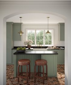 two stools sit in front of an island with marble countertops and green cabinets