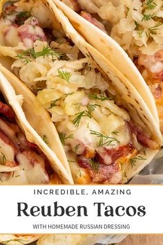 three homemade mexican tacos with shredded cabbage and bacon