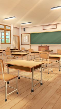 an empty classroom with wooden desks and chairs