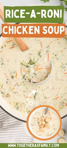 broccoli rice - a - ron chicken soup in a white bowl with a spoon