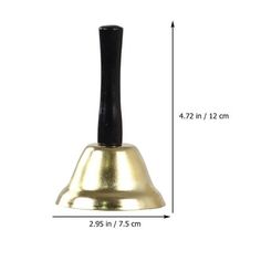 a brass bell with a black handle and measurements for the top portion, shown on a white background