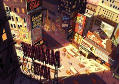 an animated cityscape with neon signs and buildings