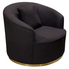 a black and gold accented chair with pillows on it's backrests